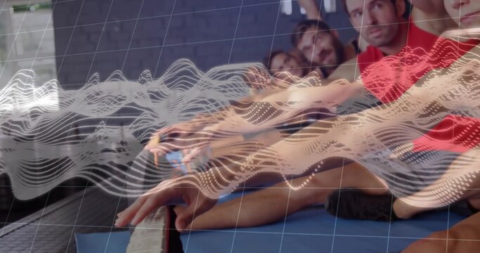 Holding plank group wearing sportswear on blue mats in gym, data visualization overlay, copy space