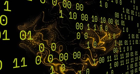 Floating lime-green binary digits over golden particle waves in virtual void, dotted fluid contours