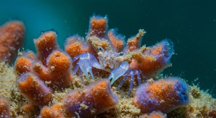 Underwater Jewel: A Porcelain Crab Adorns Vibrant Sponge Coral Gardens