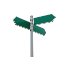 Green direction sign isolated PNG on transparent background, blank road signpost for navigation and advertising use