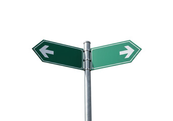 Green direction sign with arrows isolated PNG, wayfinding signage for navigation and decision-making on transparent background © Sophie