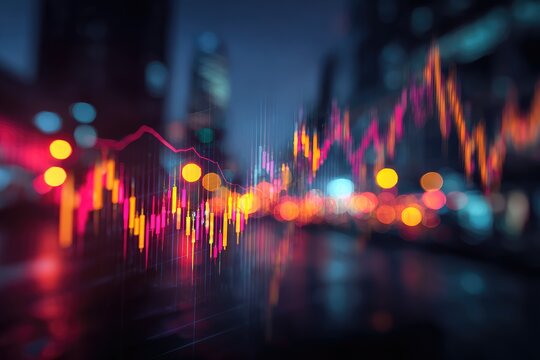 A blurred cityscape at dusk features a glowing, stylized financial chart overlay - Powered by Adobe