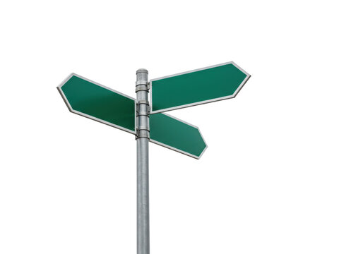 Green direction sign isolated PNG on transparent background, blank road signpost for navigation and advertising use