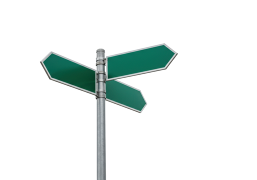 Green direction sign isolated PNG on transparent background, blank road signpost for navigation and advertising use - Powered by Adobe