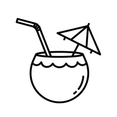 Outline drawing of a coconut cocktail with a straw and umbrella decoration on a white background image