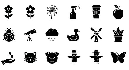 Collection of diverse black and white icons including nature, science, and everyday objects design