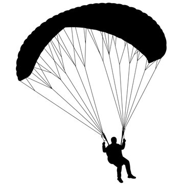Silhouette of a paraglider soaring through the sky with a detailed parachute canopy and lines silhouette flat design vector illustration white background