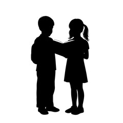 Silhouette of a boy and girl standing together friendly siblings childhood moments silhouette flat design vector illustration white background