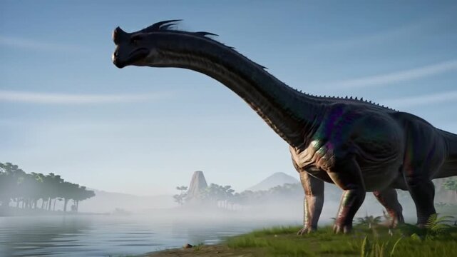 majestic dinosaur walking along prehistoric lake