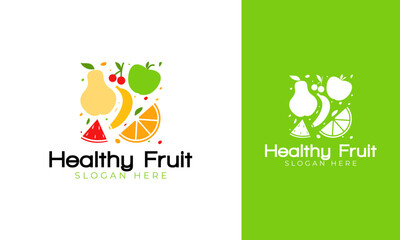 Healthy fruit logo design. Fruits symbol with watermelon, orange, banana, apple, cherry, pear. Fresh food vector template