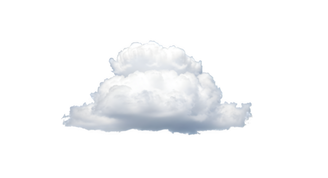 Isolated fluffy white cloud sits against a dark background for use as digital design element, video backdrop.