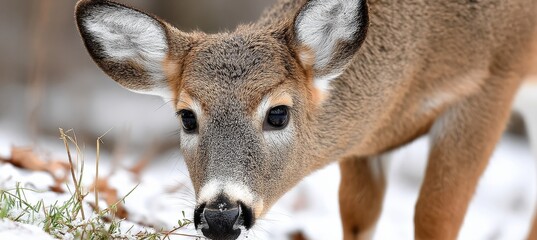 Curious White Tailed Deer Grazing in the Winter Snow, Young Animal Foraging for Food in Cold Weather
