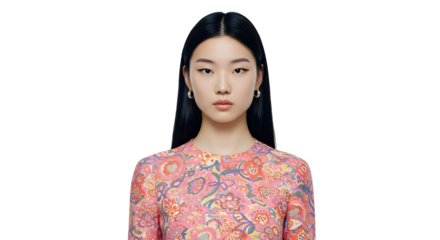 Black hair, colorful floral print dress on a fair skin woman. Use for portrait photography, video backgrounds, fashion branding, social media ads.