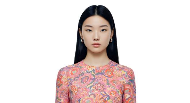 Black hair, colorful floral print dress on a fair skin woman. Use for portrait photography, video backgrounds, fashion branding, social media ads.