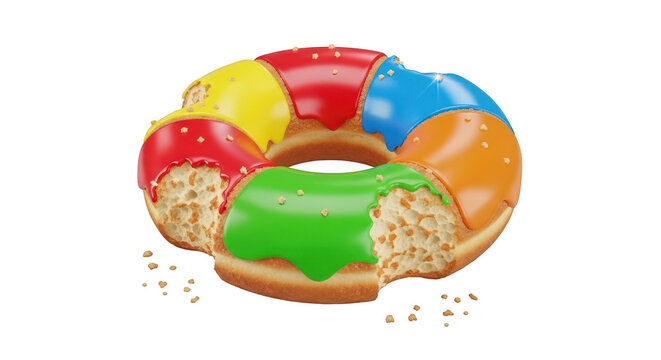 Colorful donut with bite taken out isolated on transparent background