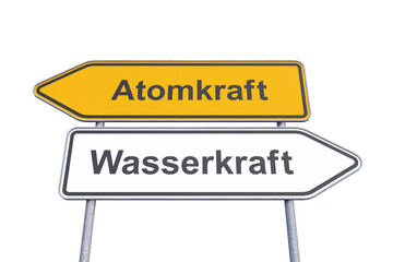 Wegweiser - Atomkraft - Wasserkraft - Freisteller - Freigestellt