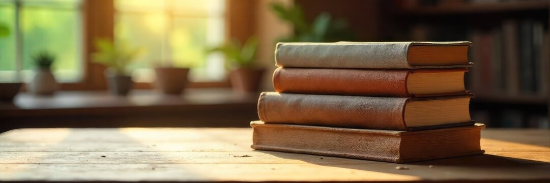 A stack of spiritual books rests on a wooden table, bathed in soft, natural light, creating a serene and inviting atmosphere for mindful reading , well-being, spirit, growth