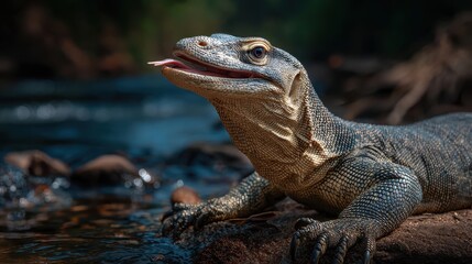 Fototapeta premium Closeup Of A Crocodile By A Riverbank In A Lush Tropical Habitat