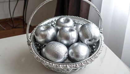 Silver-painted apples in a decorative basket
