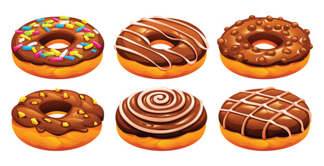 Set of six chocolate donuts with various toppings like sprinkles, peanuts, and glaze, isolated on a white background. Vector cartoon illustration
