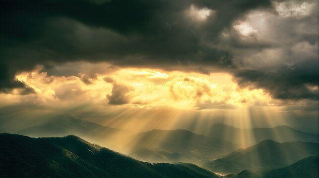 epic. Sunbeams breaking through storm clouds over a vast wilderness at golden hour. travel magazines, destination branding, designed for outdoor magazines and nature guides, inspires travel planning.