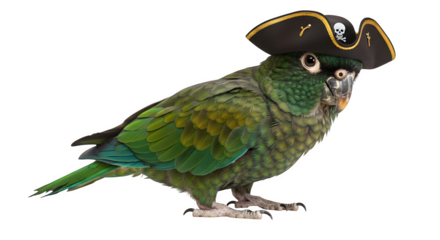 Green parrot wears pirate hat against black. Fine feather detail. Good for poster, postcard, gift, print material, birthday card, digital design, social media.