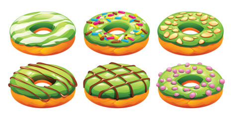 Set of six matcha donuts with various toppings like sprinkles, almonds, and glaze, isolated on a white background. Vector cartoon illustration