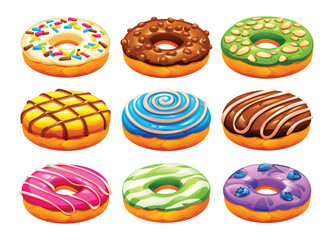 Set of nine colorful donuts with different toppings including sprinkles, nuts, and fruit, isolated on a white background. Vector cartoon illustration