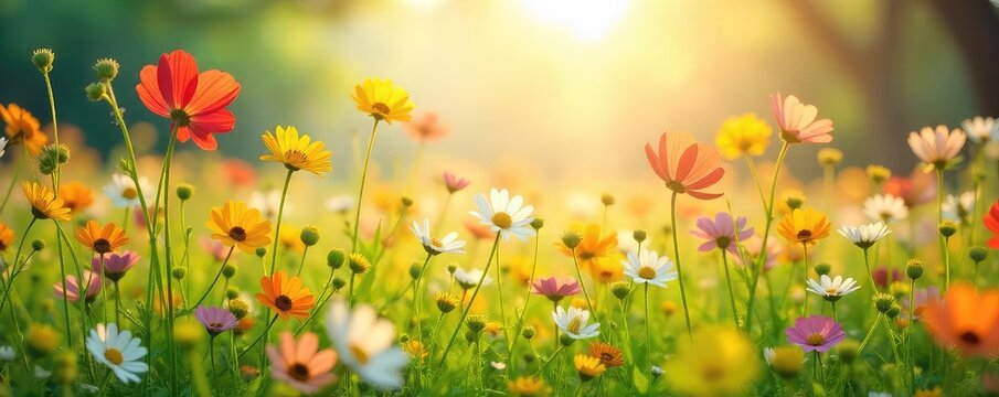 A sun-drenched field of vibrant wildflowers swaying gently in a summer breeze, embodying carefree joy and the simple pleasures of nature's beauty ,  botany,  gold