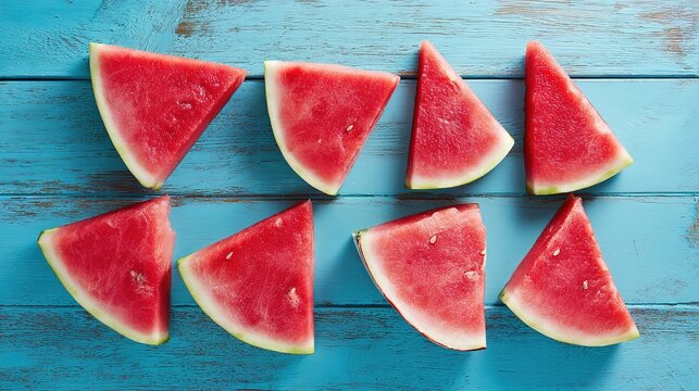 seedless. Fresh watermelon slices arranged on a rustic blue wooden surface, highlighting simple summer freshness. menu design.