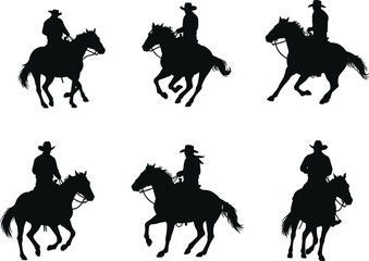 Cowboy silhouette, horse riding, western ranch scene, wild west action, rodeo motion, vintage cowboy art, equestrian pose, rustic adventure, black vector illustration