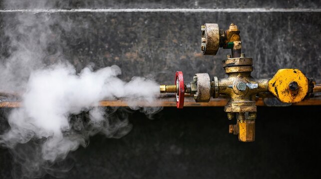 boiler. Industrial boiler safety valve releasing high-pressure steam, white vapor column. safety posters, maintenance manuals, designed for industrial assembly lines and welding operations.