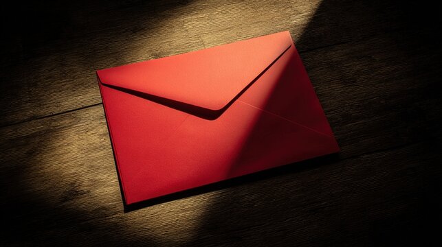 directional. A traditional red envelope resting on a wooden surface, symbolizing celebration and good fortune. event programs.
