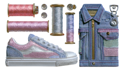 Colorful Denim Jacket and Glittery Sneakers with Spools of Thread on Transparent Background
