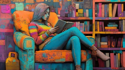 A woman is completely absorbed in reading a book surrounded by a large collection of books