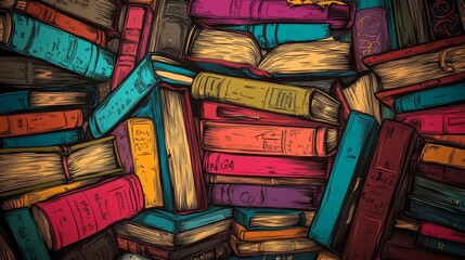 A stack of vibrant books set against a cosmic and abstract background