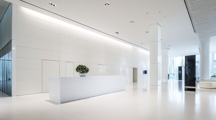 lobby. A modern office lobby with clean white walls and minimalist furniture, filled with natural light. real-estate listings.