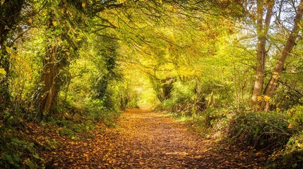 Fototapeta premium narrow. Narrow forest path with autumn leaves and dappled sunlight. representing seasonal cycles and harvest abundance, travel magazines, designed for travel destination branding.