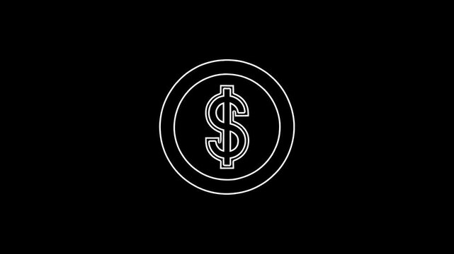 Minimalist white line animation of dollar sign within circular border, 4K outline style with alpha channel transparency and modern financial aesthetic.
