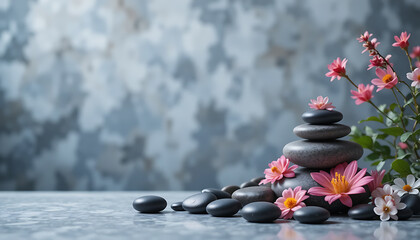 A serene spa composition of pebbles and delicate flowers arranged on a podium banner background for elegant product presentation.
