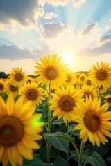 Naklejka premium A vibrant field of sunflowers basking in golden sunlight, conveying optimism and warmth The bright yellow blossoms stretch towards the sky, symbolizing hope and positivity , sky, joy