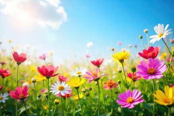 Fototapeta premium A vibrant field of wildflowers in full bloom under a bright spring sky, symbolizing freedom and renewal Sunlight dapples the petals, creating a joyful, carefree atmosphere , joyful, bright, sky