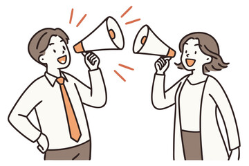 Man and woman shouting through megaphones, making an announcement, promotion, or deal. Advertising and communication concept. Vector illustration. 