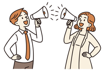 Man and woman shouting through megaphones, making an announcement, promotion, or deal. Advertising and communication concept. Vector illustration.