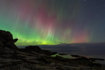 Stunning Aurora Borealis with vibrant green and pink lights dancing in the starry night sky over a tranquil rocky sea coast.