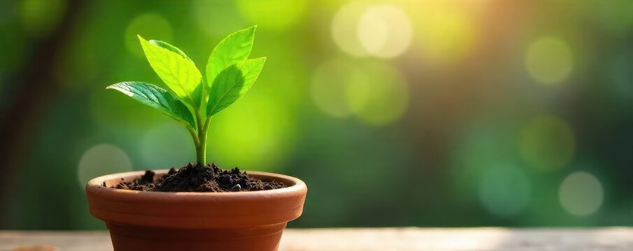 Fototapeta A vibrant green plant thrives in a rustic terracotta flowerpot, its lush leaves reaching towards the sunlight Perfect for home decor, gardening, and spring themes , closeup, outdoor plant, healthy