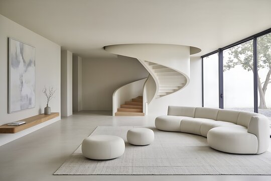 Modern minimalist living room featuring a sculptural spiral staircase curved sectional sofa and plush ottomans bathed in natural light
