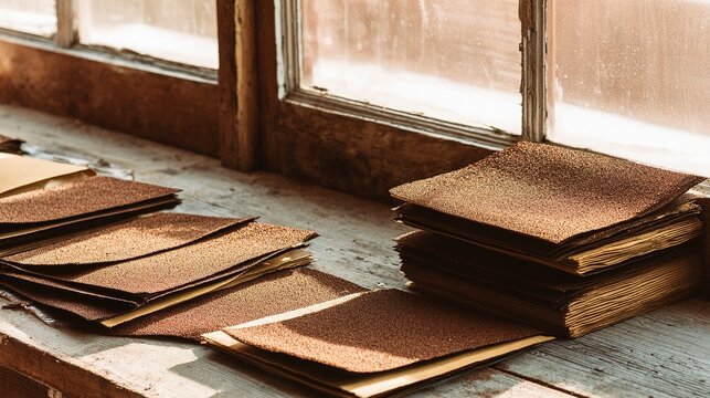 sandpaper. Wood surface with uniform scratch patterns from sanding, workshop material study. safety posters, maintenance manuals, designed for industrial assembly lines and welding operations.