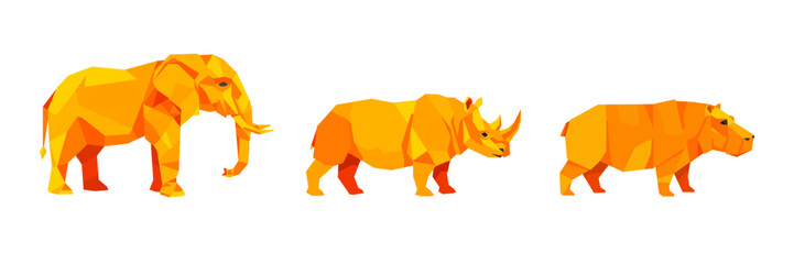 Geometric elephant, rhinoceros, hippopotamus animal set, orange origami illustration