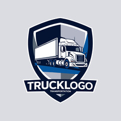 Heavy duty semi truck inside a shield emblem logo for a transportation company.